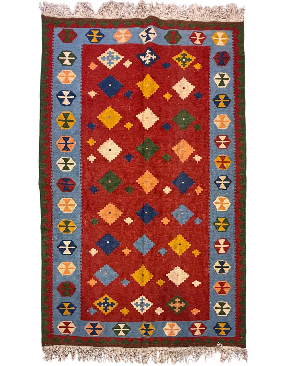 Tappeto Kilim Persiano 180x113 cm azzurro con motivi geometrici multicolore