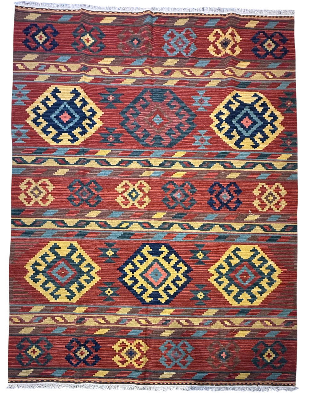 Tappeto Kilim 240x170 cm con motivi geometrici terracotta, verde e blu