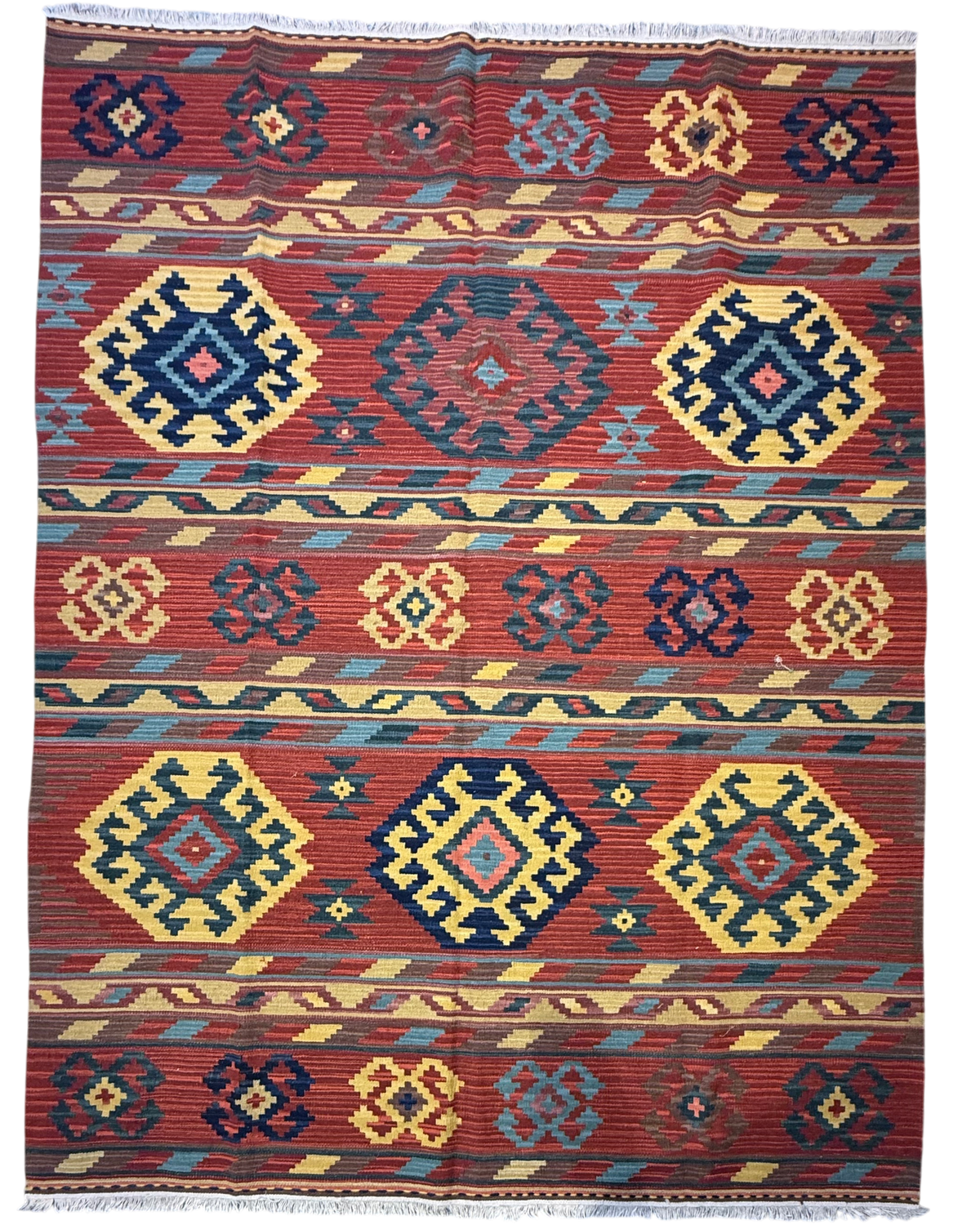 Tappeto Kilim 240x170 cm con motivi geometrici terracotta, verde e blu