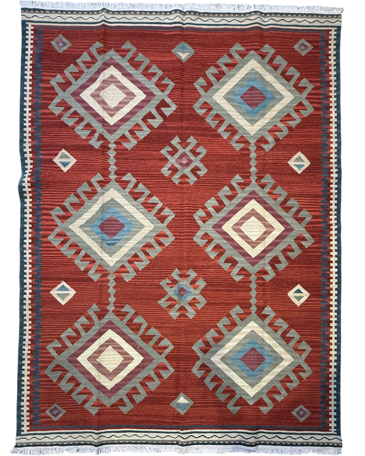 Tappeto Kilim 220x160 cm con motivi geometrici terracotta, verde e blu