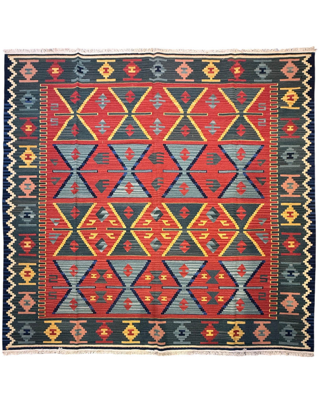 Tappeto Kilim rosso geometrico 215x215 cm con motivi triangolari e romboidali