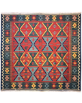 Tappeto Kilim rosso geometrico 215x215 cm con motivi triangolari e romboidali