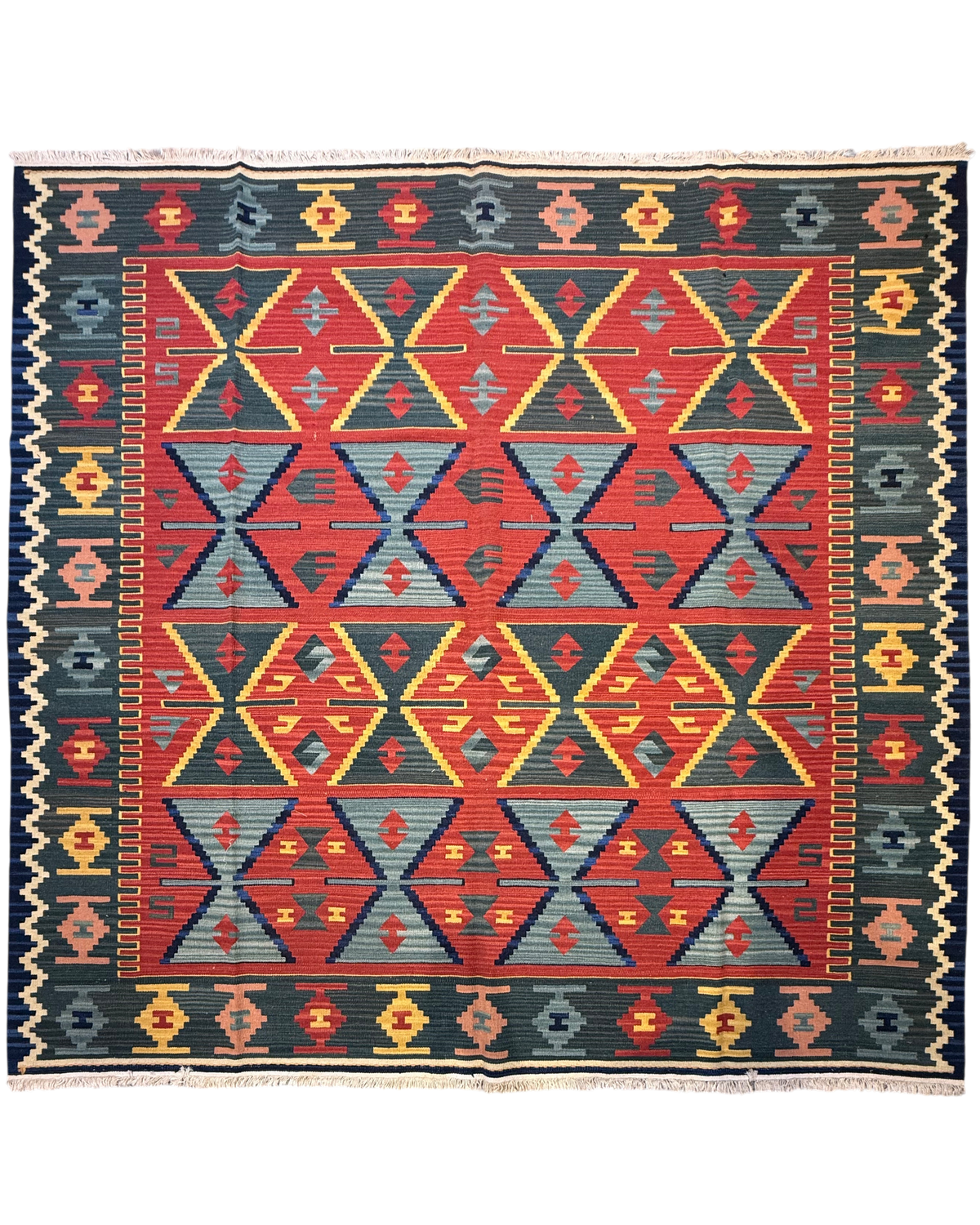 Tappeto Kilim rosso geometrico 215x215 cm con motivi triangolari e romboidali