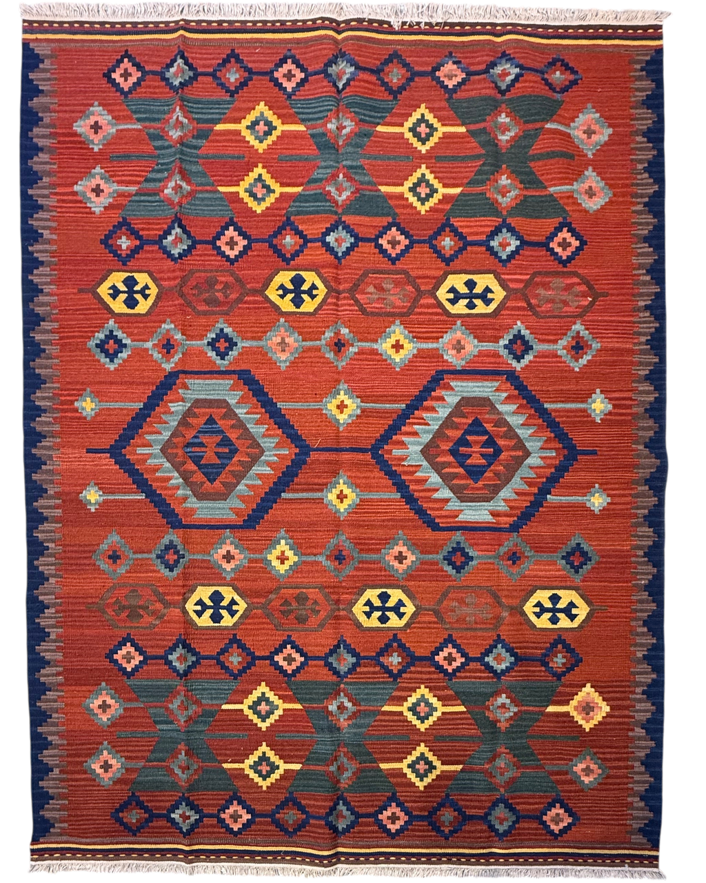 Tappeto Kilim 220x160 cm con motivi geometrici terracotta, marrone e blu