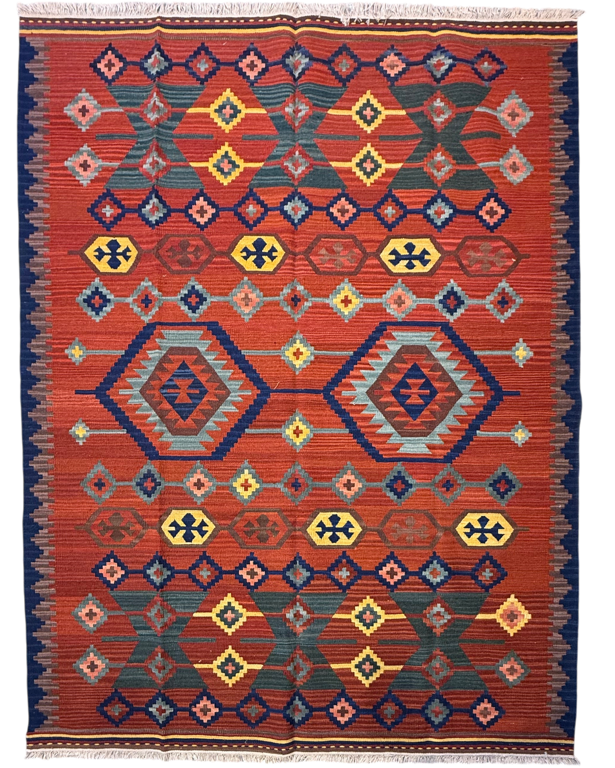 Tappeto Kilim 220x160 cm con motivi geometrici terracotta, marrone e blu
