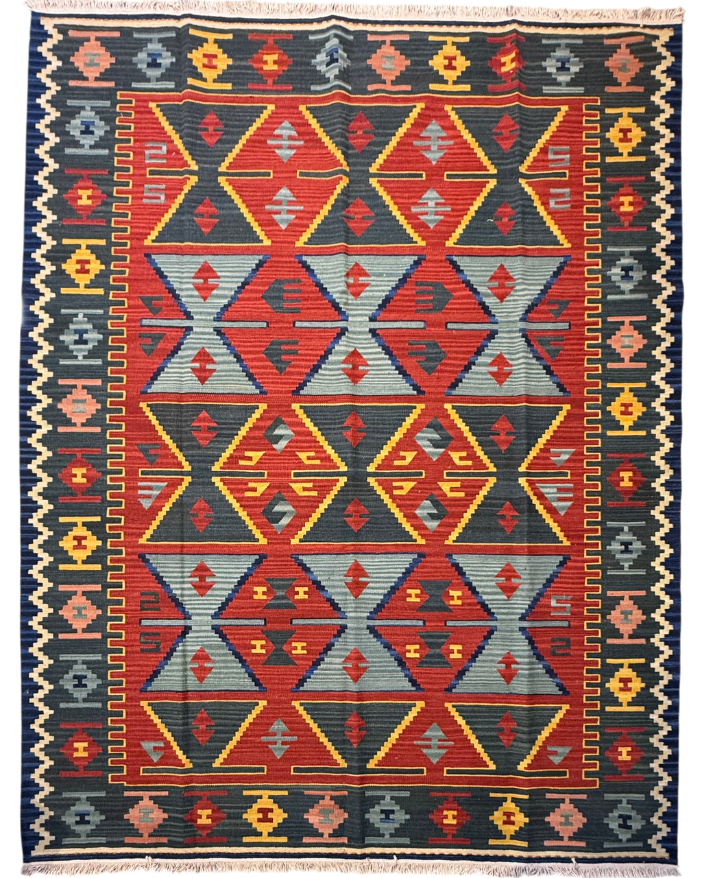 Tappeto Kilim 240x170 cm con grandi motivi geometrici blu e terracotta
