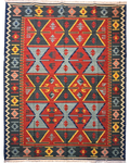 Tappeto Kilim 240x170 cm con grandi motivi geometrici blu e terracotta