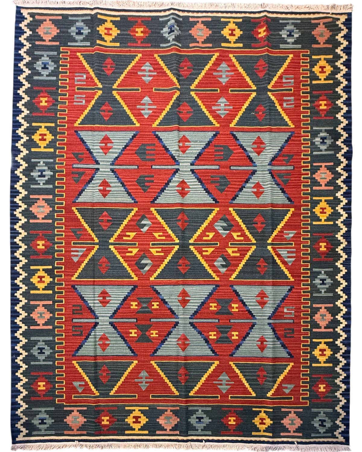 Tappeto Kilim 240x170 cm con grandi motivi geometrici blu e terracotta