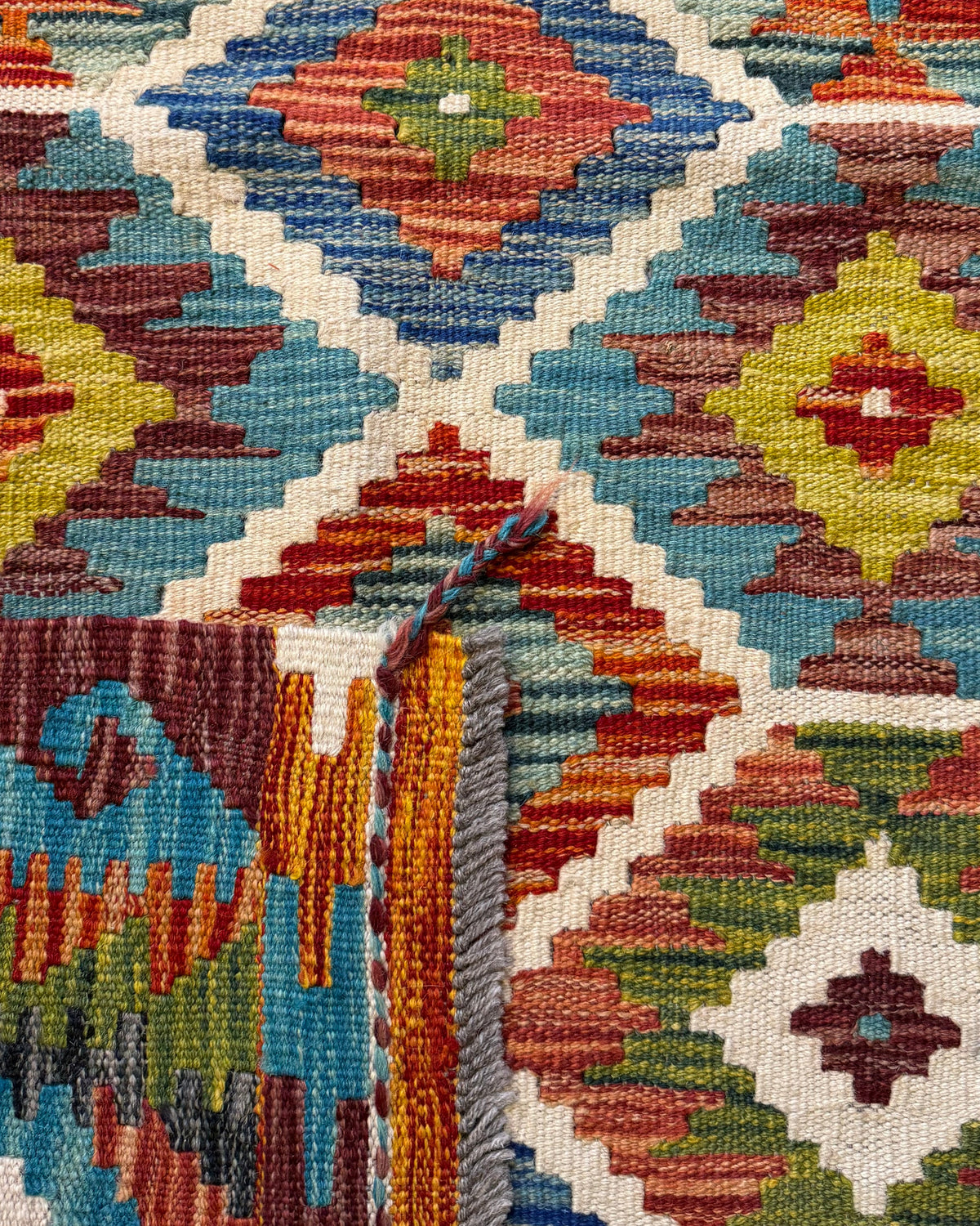 Dettaglio del retro del tappeto Kilim Afgano multicolore 145x102 cm