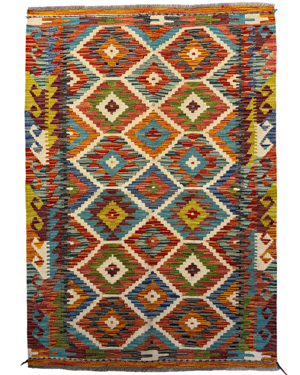 Tappeto Kilim Afgano multicolore 145x102 cm con rombi vivaci