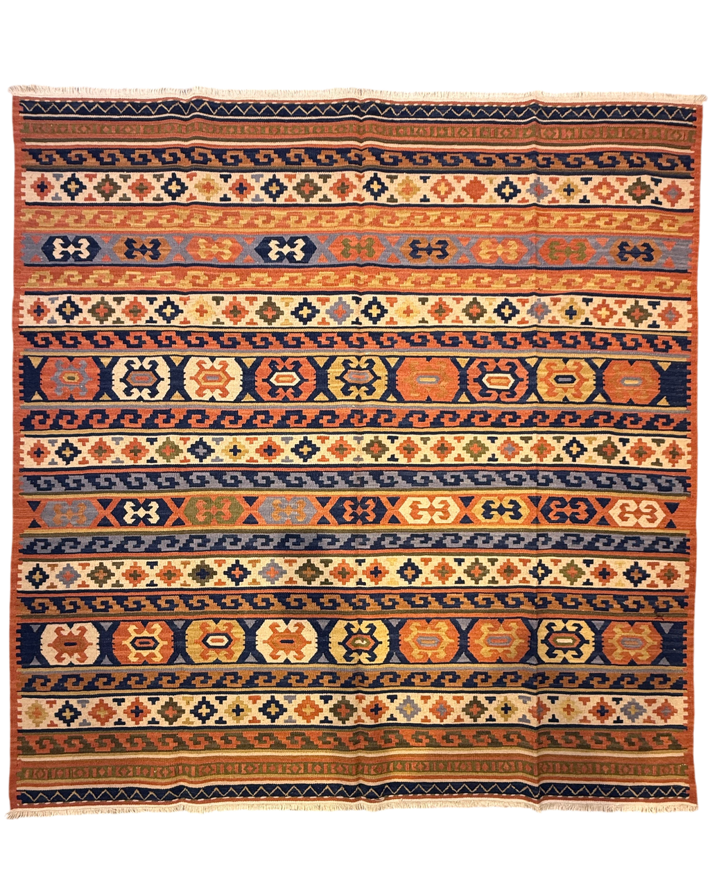 Tappeto Kilim arancio 190x190 cm con fasce orizzontali ocra e blu