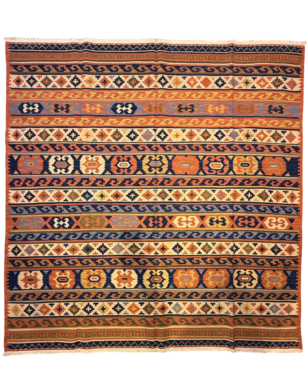 Tappeto Kilim arancio 190x190 cm con fasce orizzontali ocra e blu