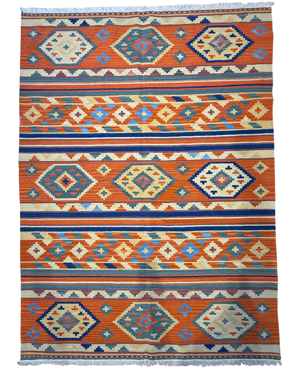 Tappeto Kilim arancio 218x158 cm con fasce azzurre e rombi