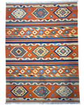 Tappeto Kilim arancio 218x158 cm con fasce azzurre e rombi