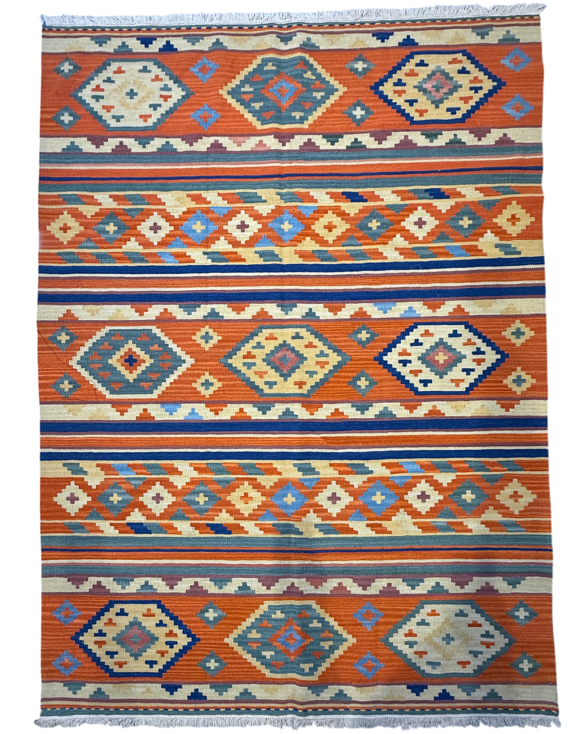 Tappeto Kilim arancio 218x158 cm con fasce azzurre e rombi