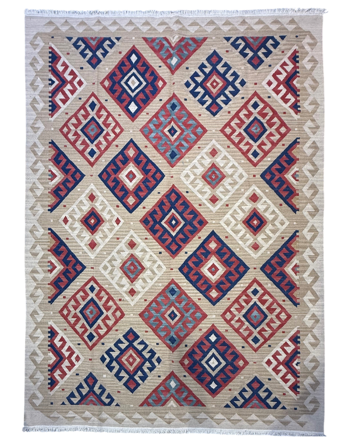 Tappeto Kilim avorio 220x160 cm con rombi blu, rosa e marroni