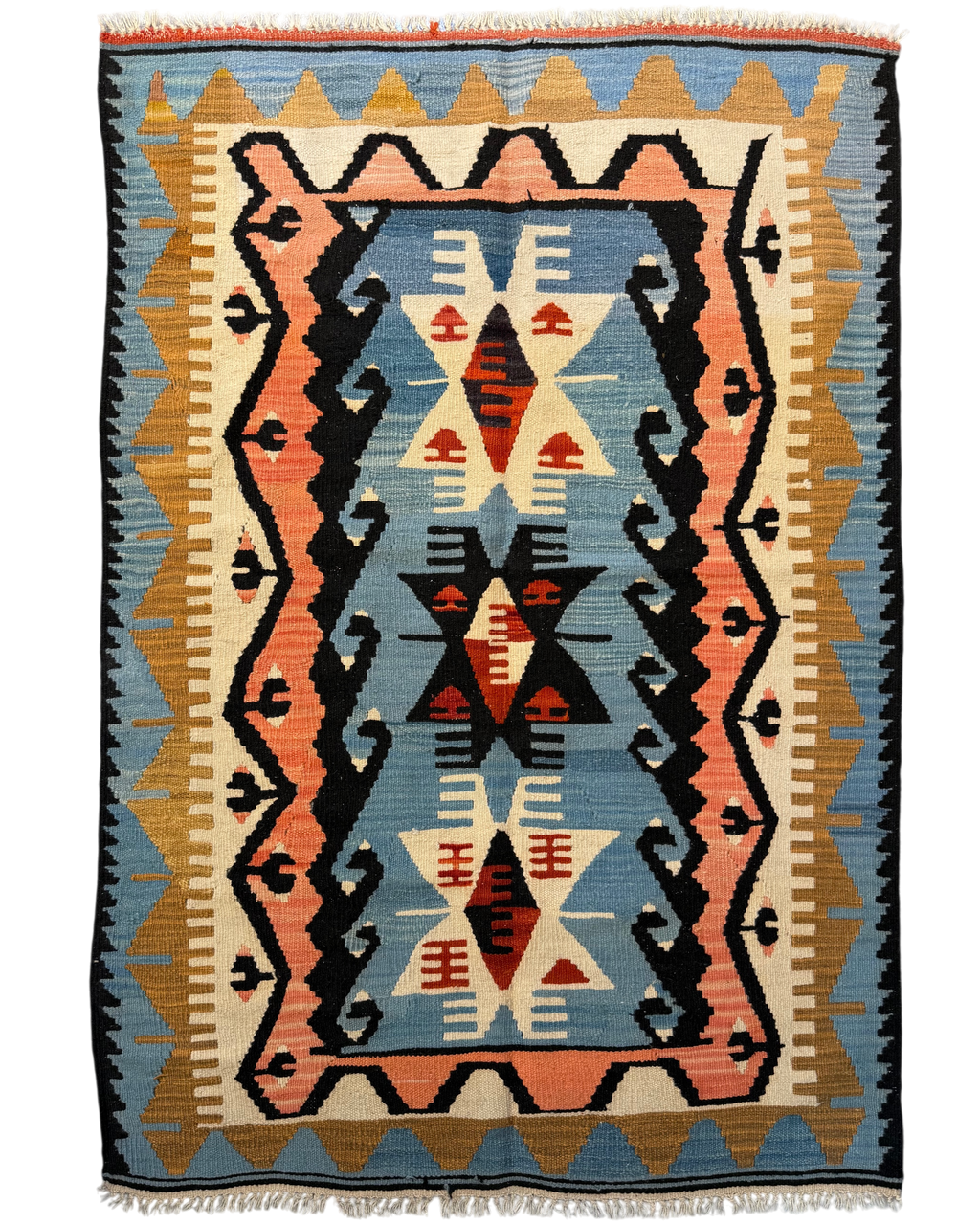 Tappeto Kilim azzurro 155x106 cm con motivi geometrici simmetrici