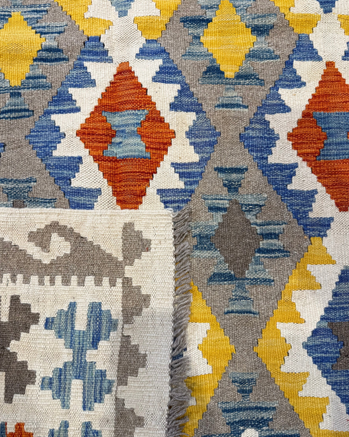 Dettaglio del retro del tappeto Kilim azzurro 194x147 cm