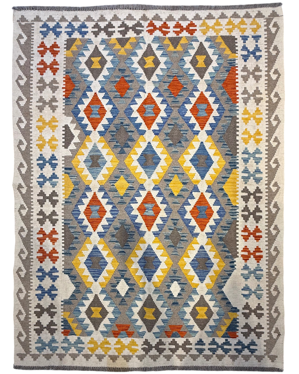 Tappeto Kilim azzurro 194x147 cm con rombi azzurri e grigi
