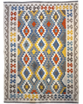 Tappeto Kilim azzurro 194x147 cm con rombi azzurri e grigi
