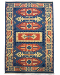 Tappeto Kilim blu 183x122 cm con motivi geometrici rossi e avorio