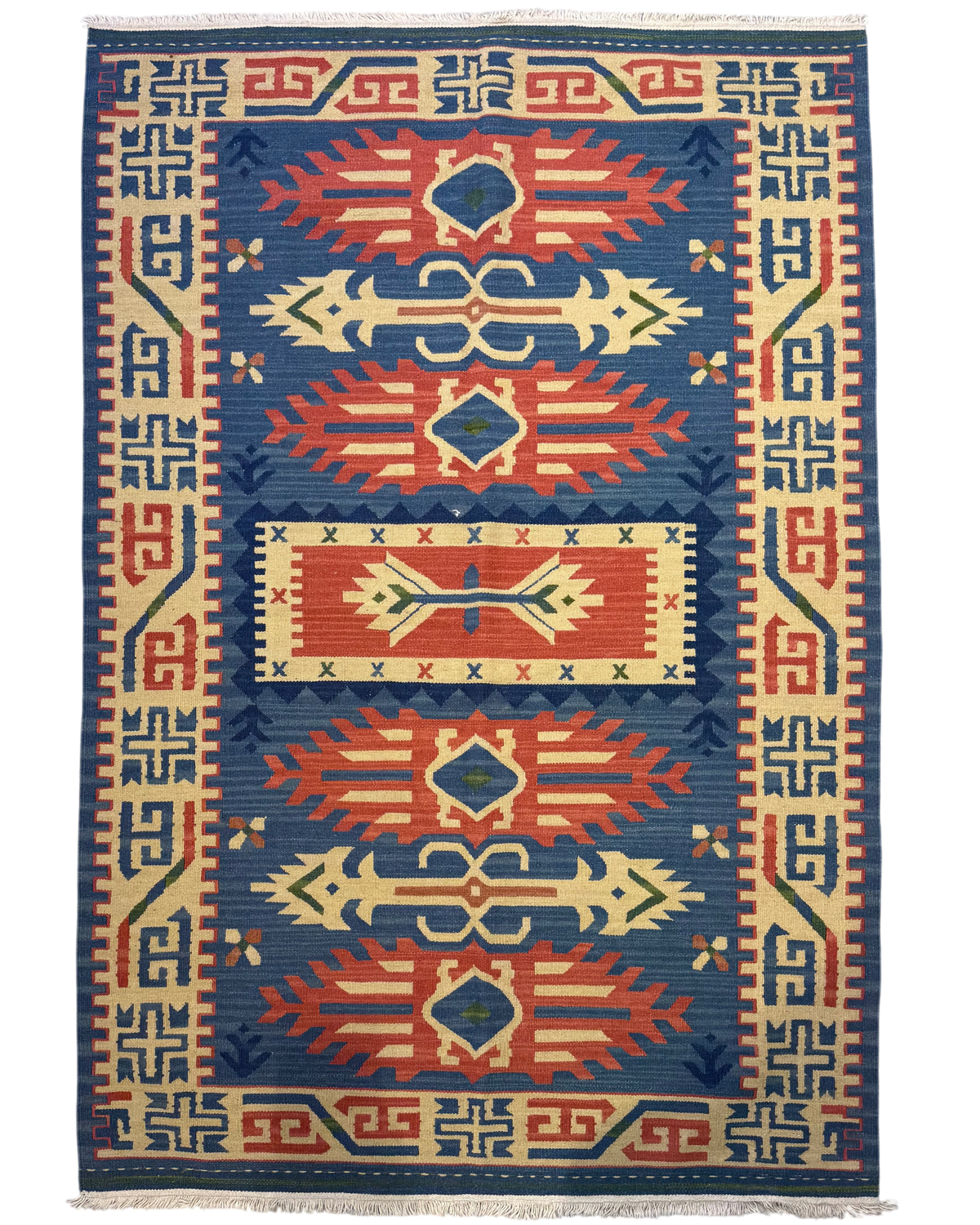 Tappeto Kilim blu 183x122 cm con motivi geometrici rossi e avorio