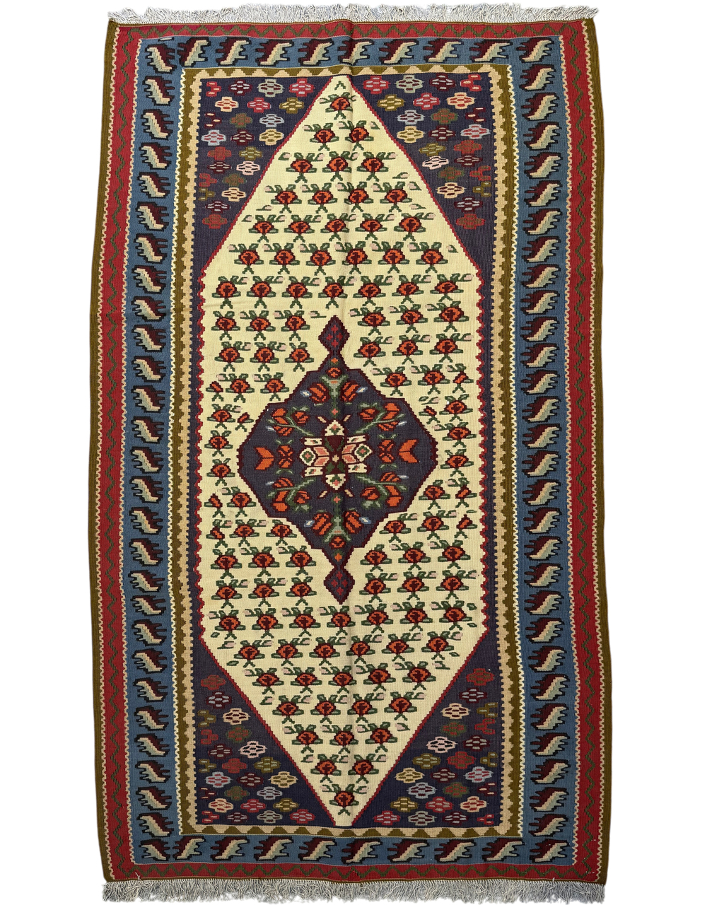 Tappeto Kilim Curdo avorio 180x109 cm con bordure blu e rosse