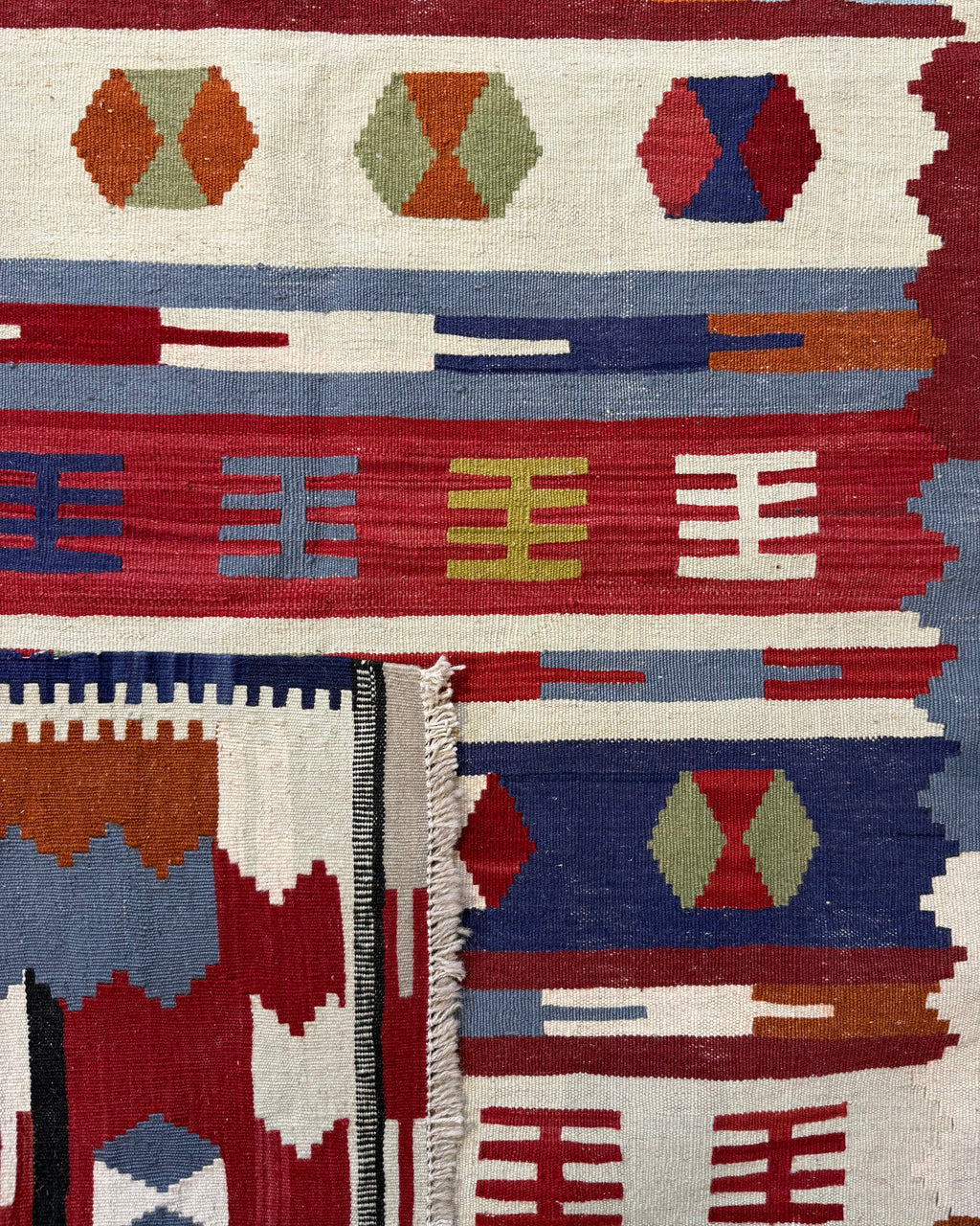 Dettaglio del retro del tappeto Kilim multicolore 200x112 cm