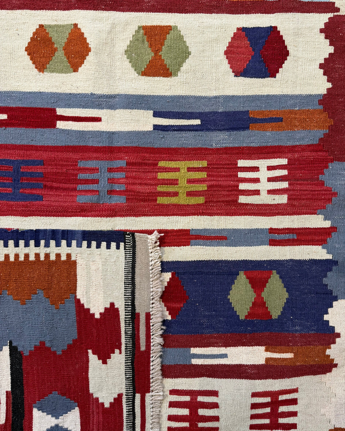 Dettaglio del retro del tappeto Kilim multicolore 200x112 cm