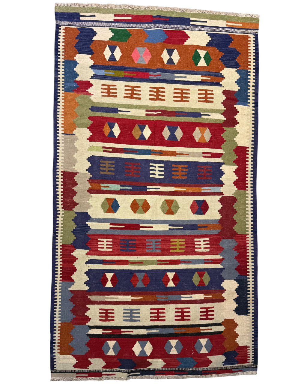 Tappeto Kilim multicolore 200x112 cm con fasce rosse, blu e avorio
