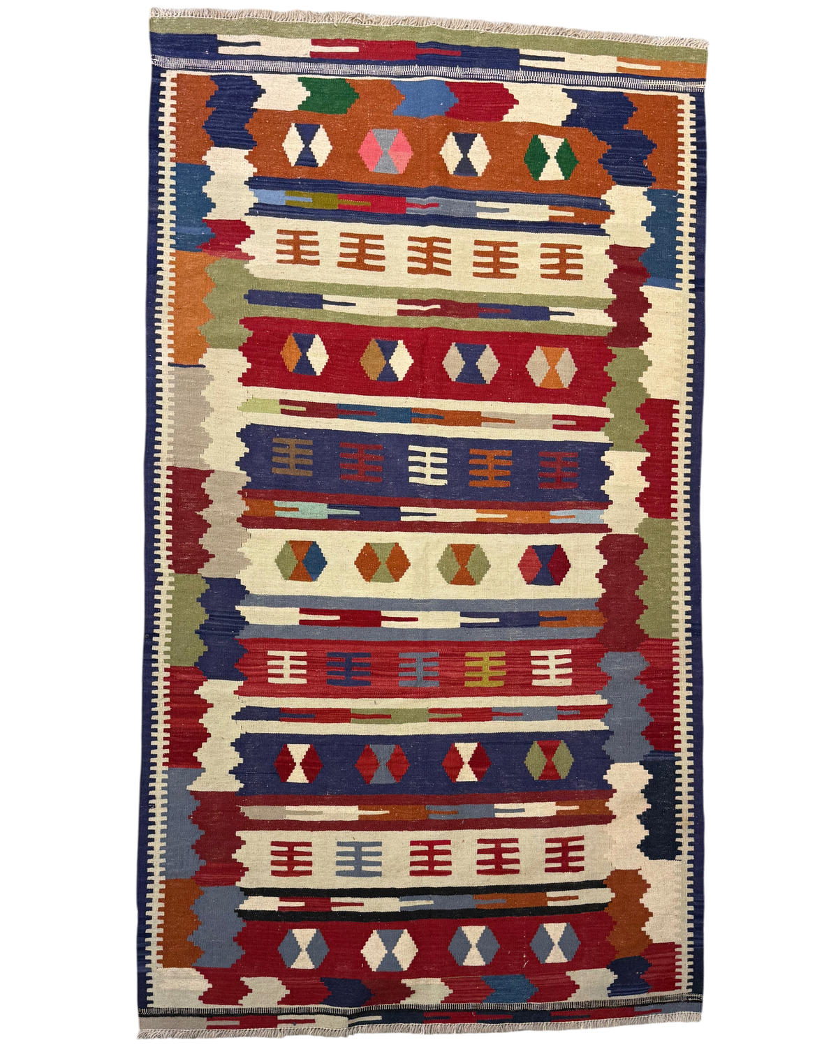 Tappeto Kilim multicolore 200x112 cm con fasce rosse, blu e avorio