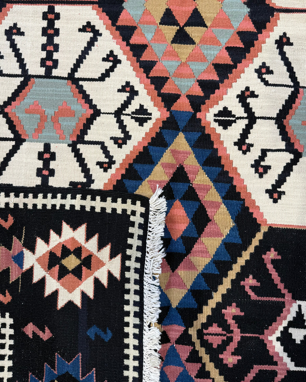 Dettaglio del retro del tappeto Kilim nero 230x166 cm