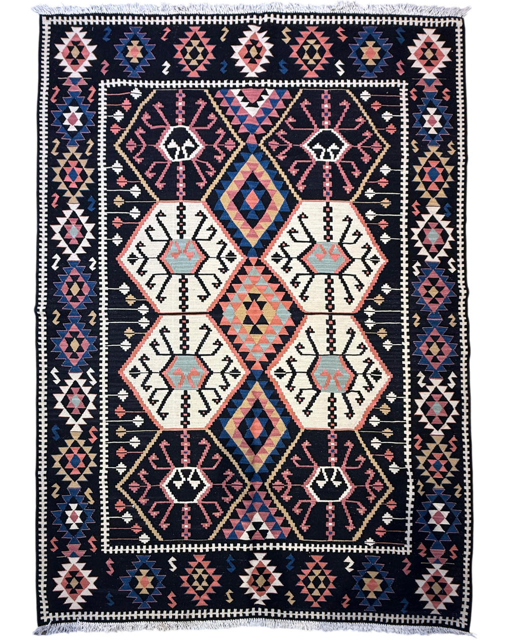 Tappeto Kilim nero 230x166 cm con grandi medaglioni avorio e rosa