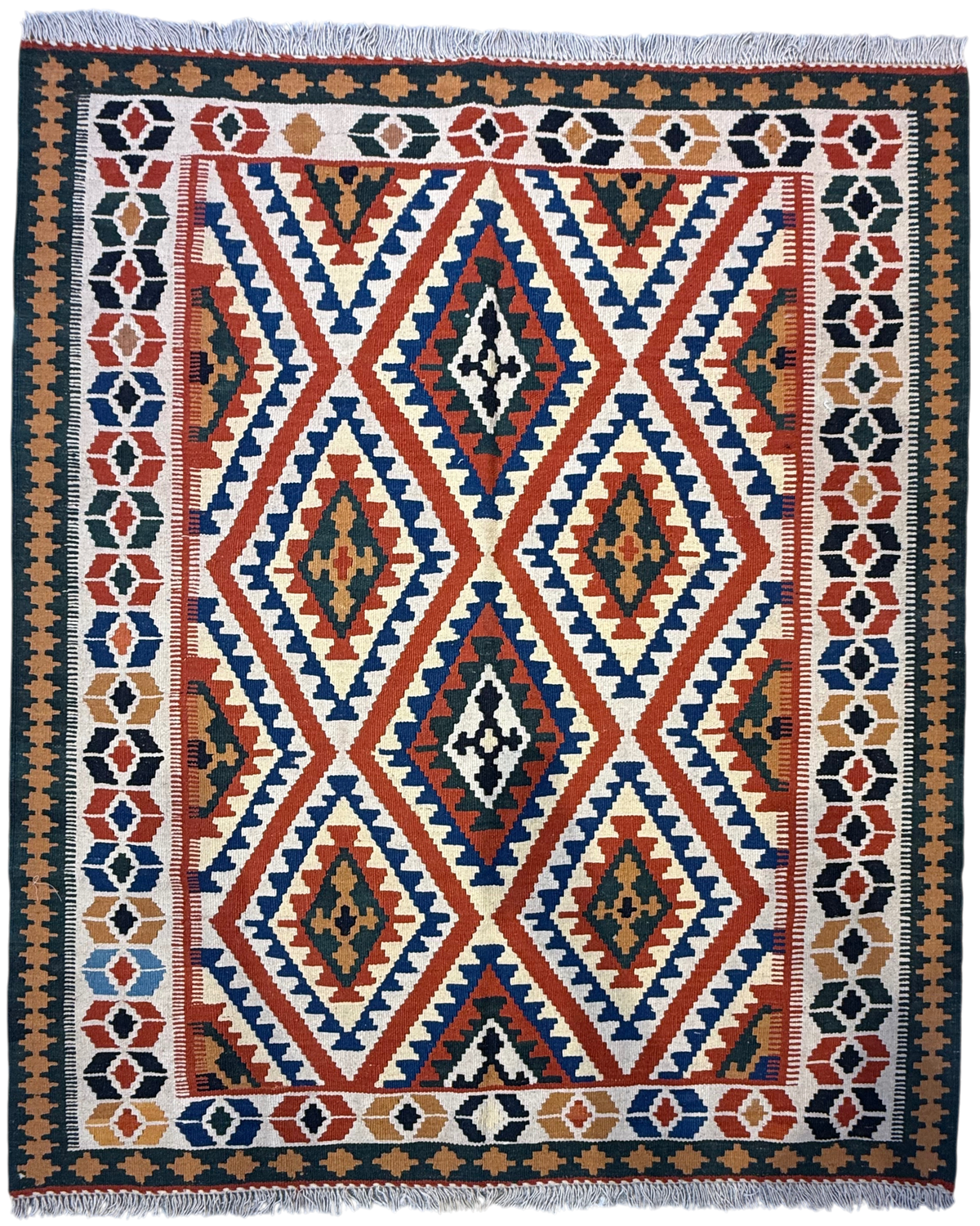 Tappeto Kilim Persiano avorio 156x132 cm con grandi rombi rossi e blu
