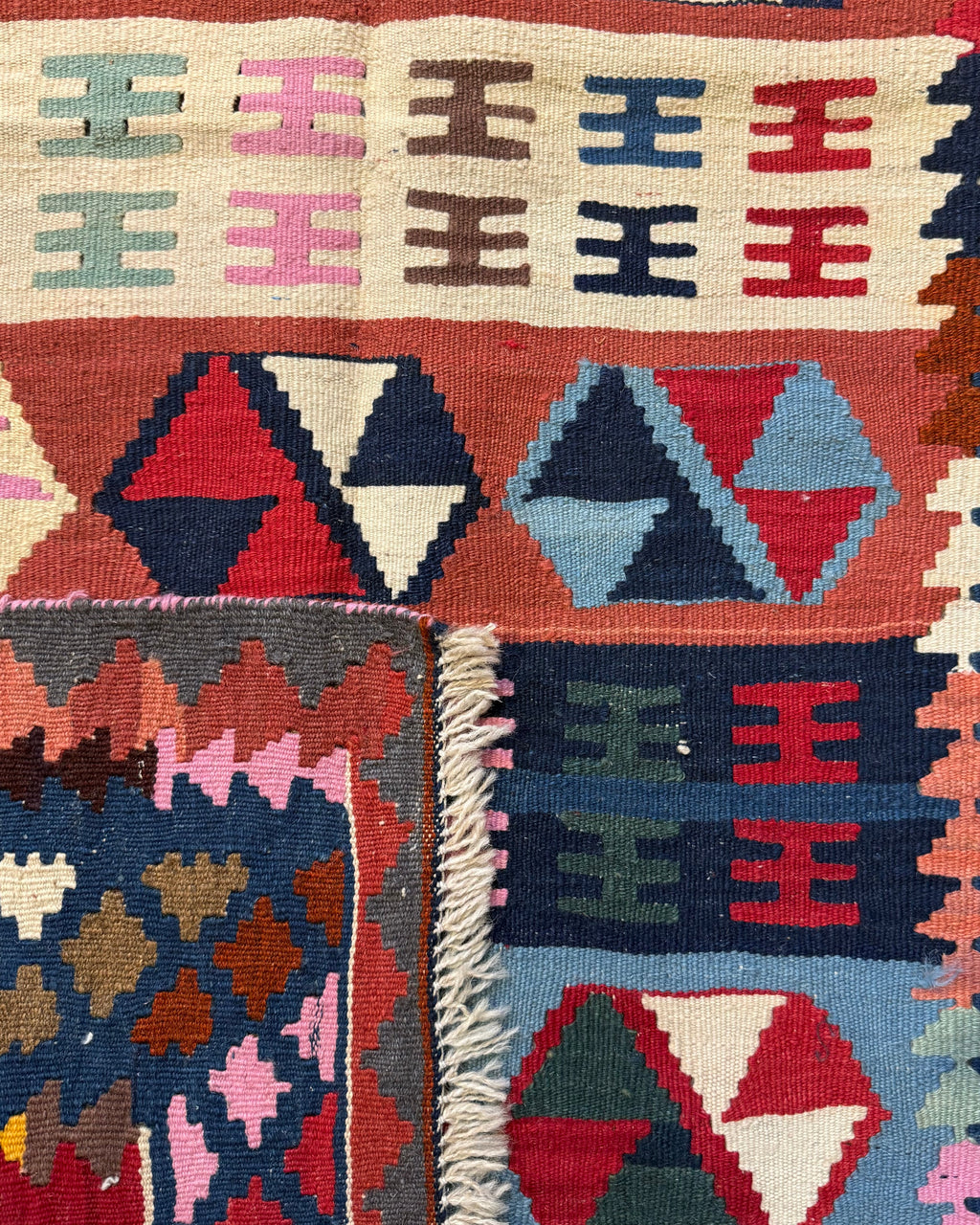 Dettaglio del retro del tappeto Kilim Persiano blu 145x98 cm