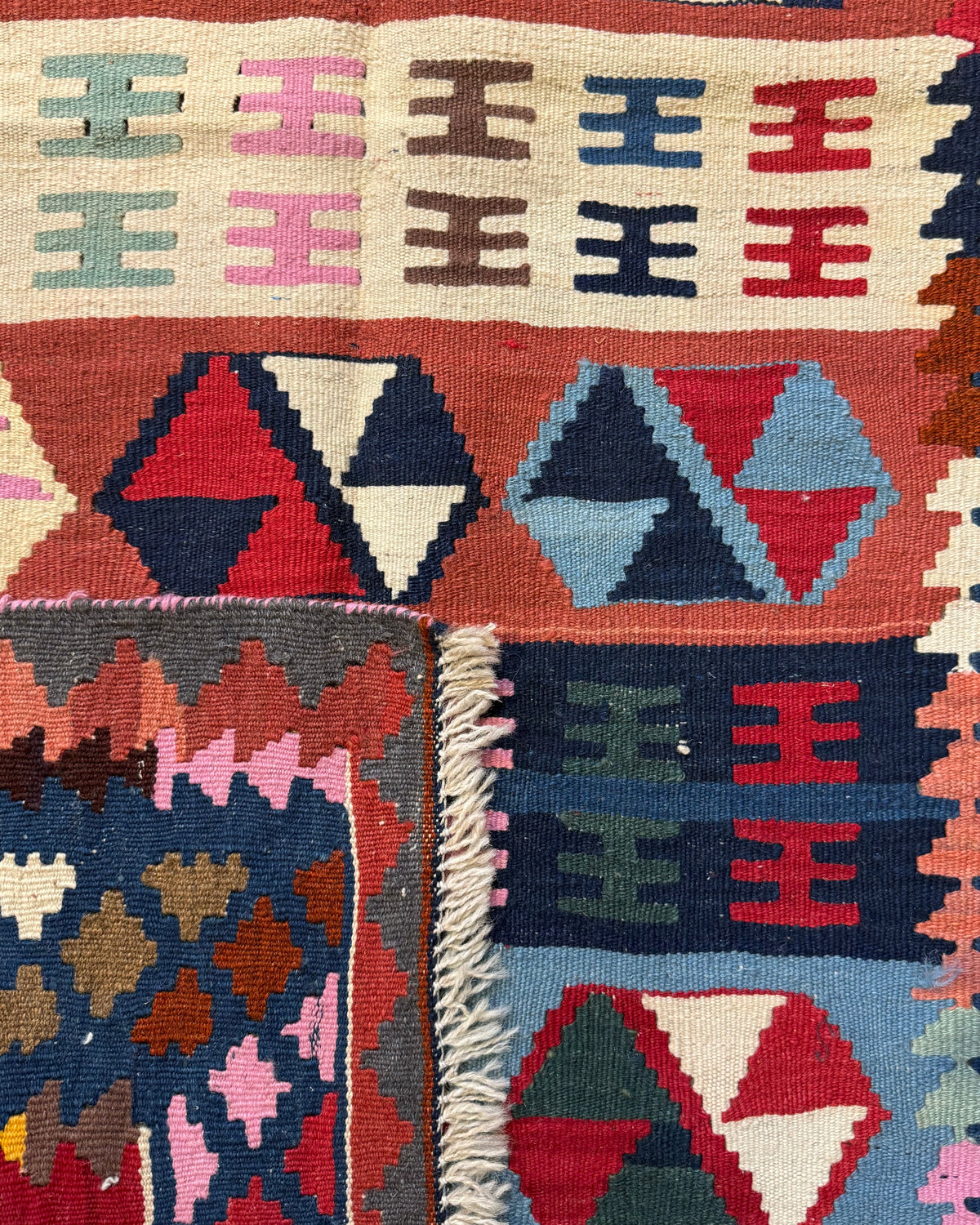 Dettaglio del retro del tappeto Kilim Persiano blu 145x98 cm