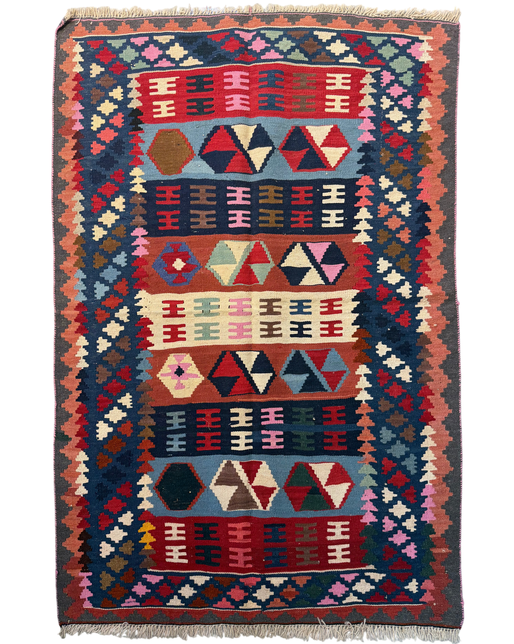 Tappeto Kilim Persiano blu 145x98 cm con fasce geometriche multicolore
