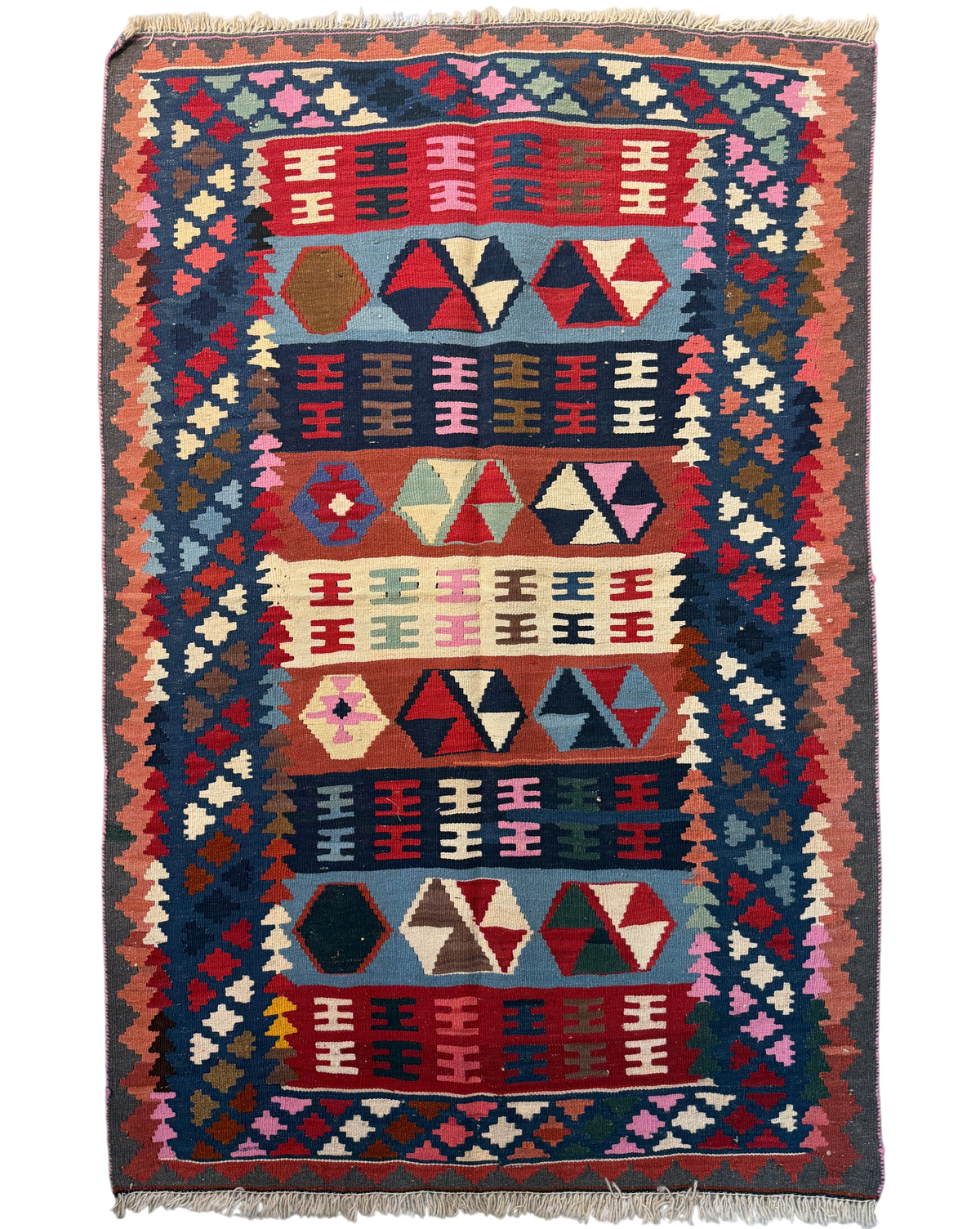 Tappeto Kilim Persiano blu 145x98 cm con fasce geometriche multicolore