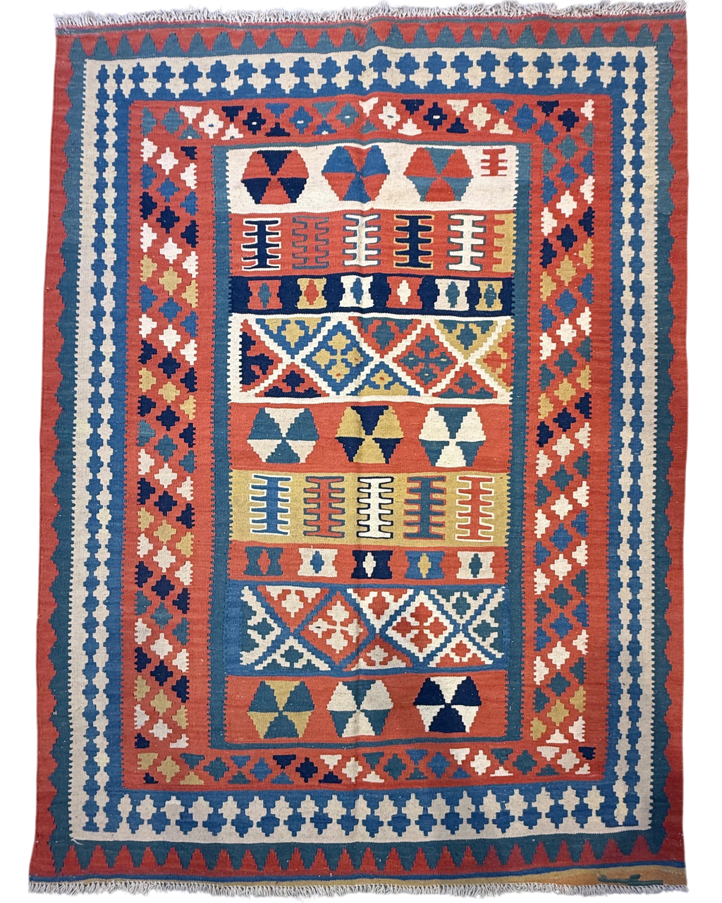 Tappeto Kilim Persiano blu 204x153 cm con fasce e riquadri multicolore