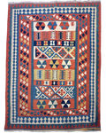 Tappeto Kilim Persiano blu 204x153 cm con fasce e riquadri multicolore