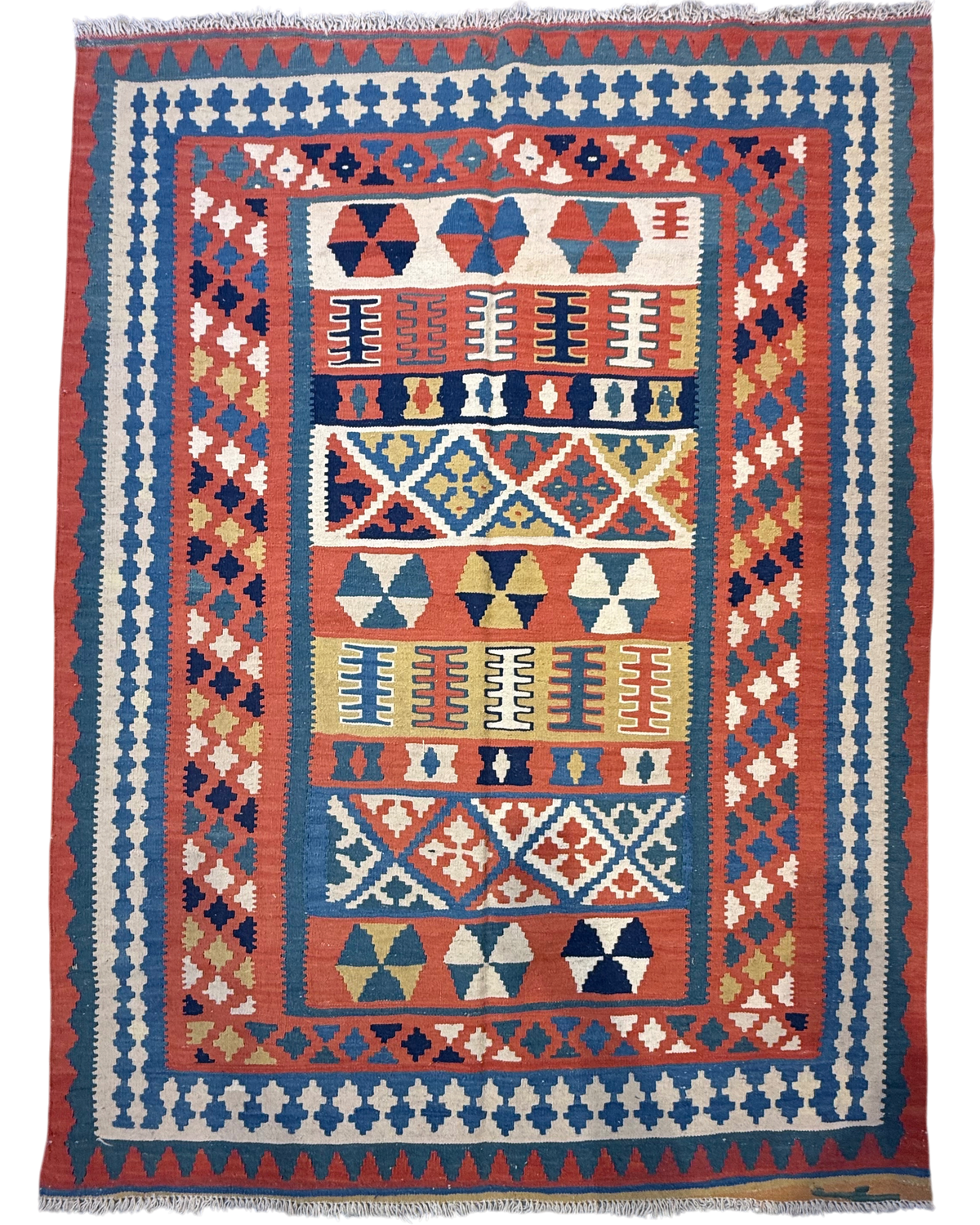 Tappeto Kilim Persiano blu 204x153 cm con fasce e riquadri multicolore