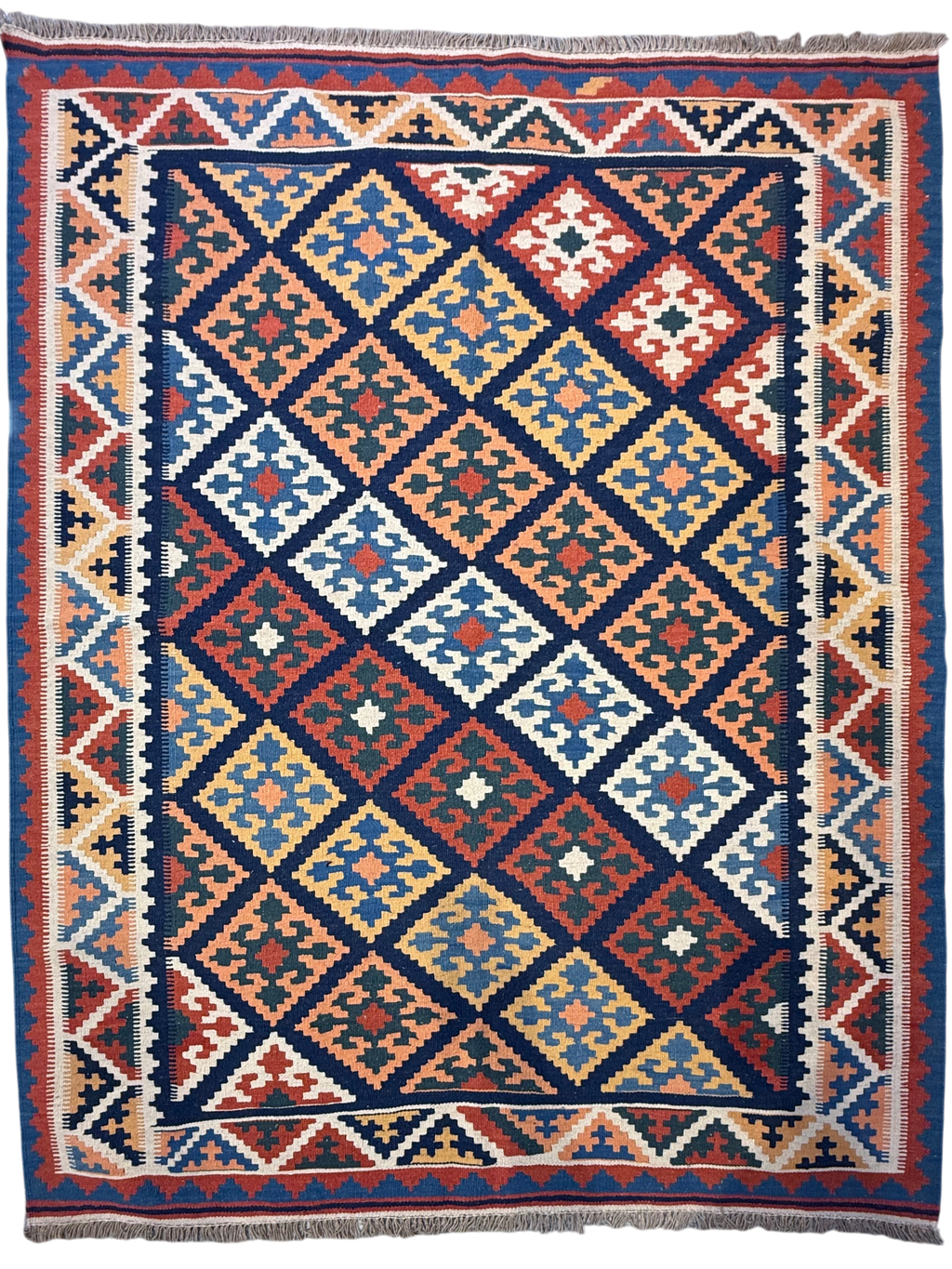 Tappeto Kilim Persiano blu 194x155 cm con reticolo di rombi avorio