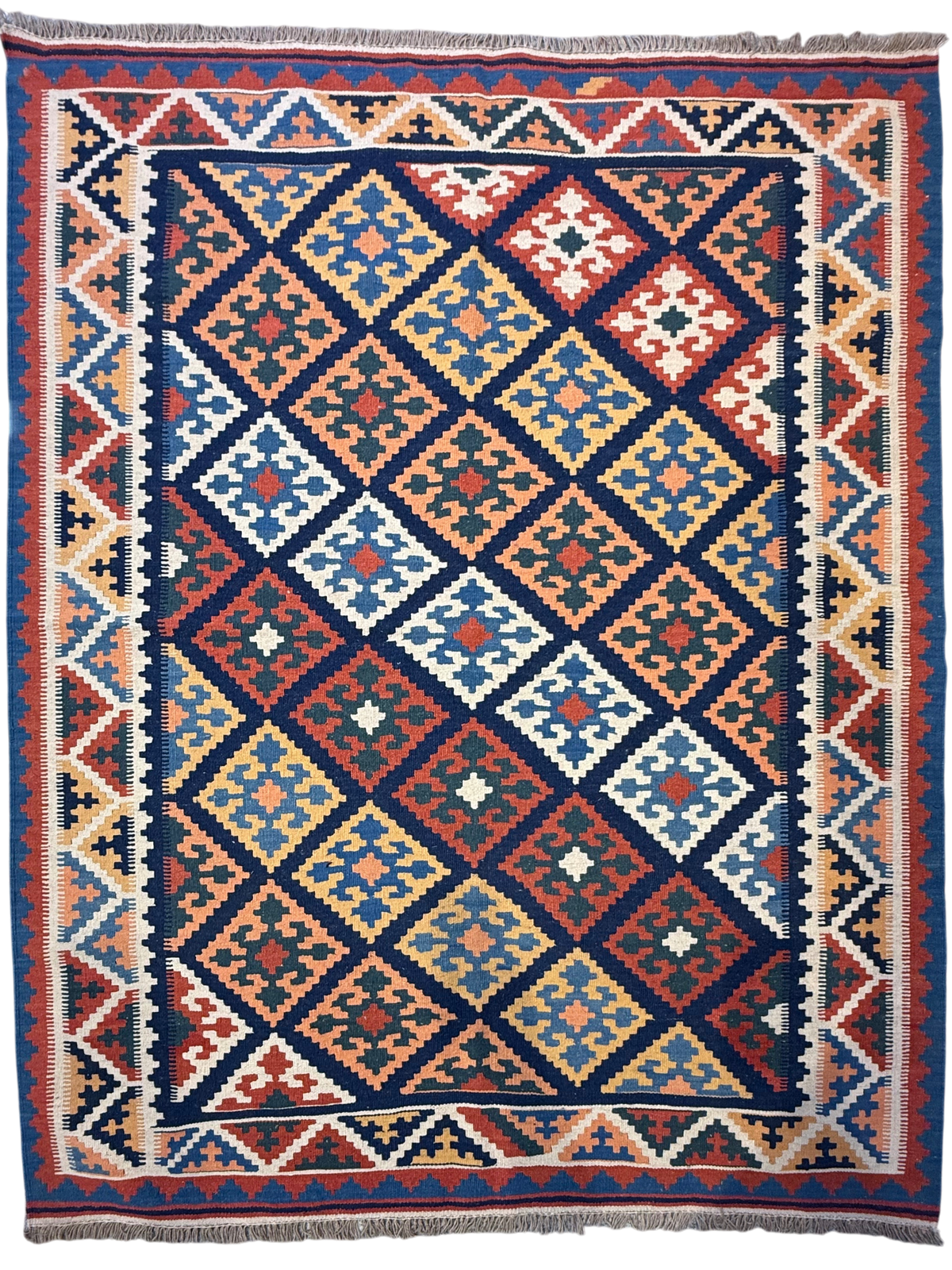 Tappeto Kilim Persiano blu 194x155 cm con reticolo di rombi avorio