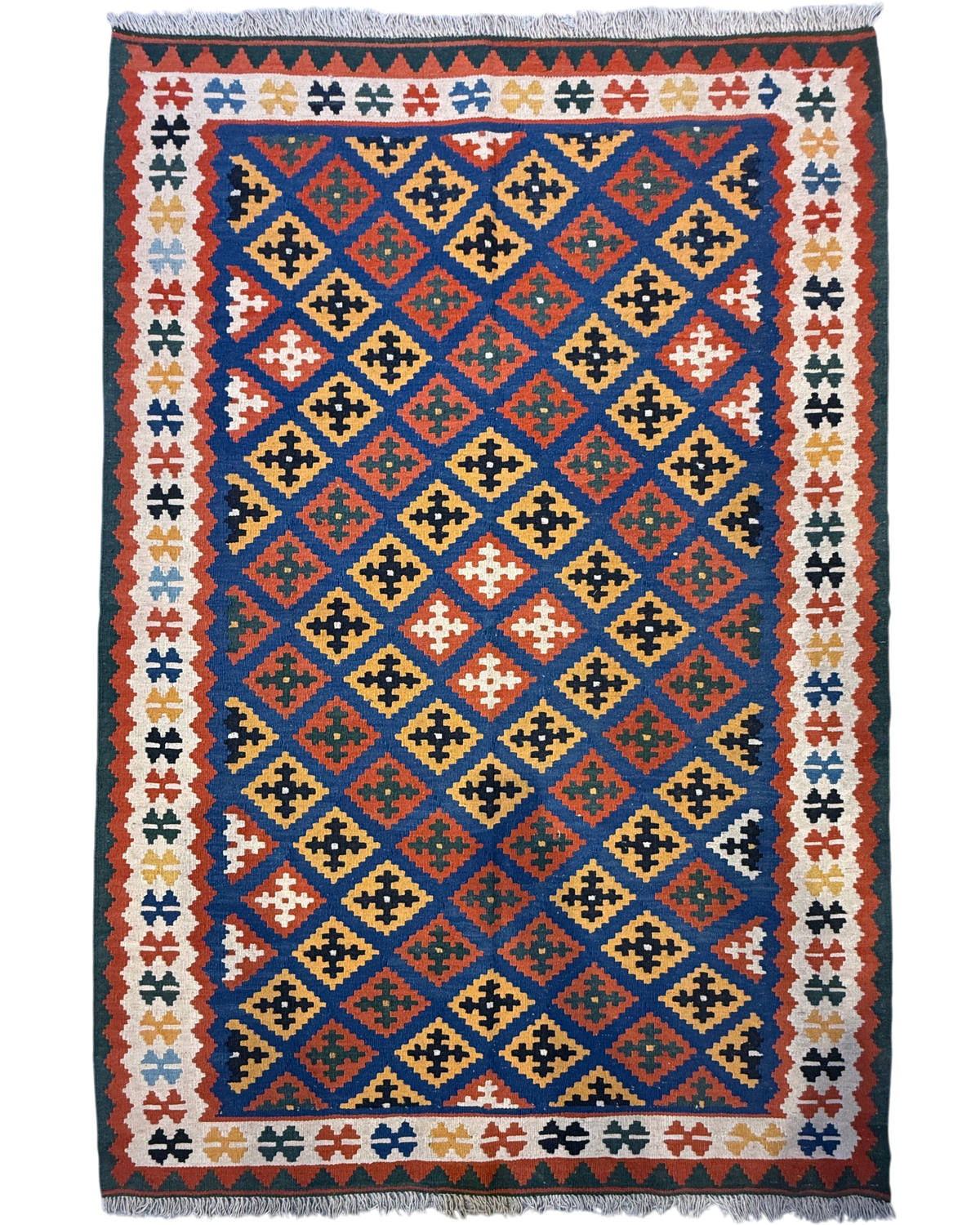 Tappeto Kilim Persiano blu 180x120 cm con reticolo di rombi multicolore