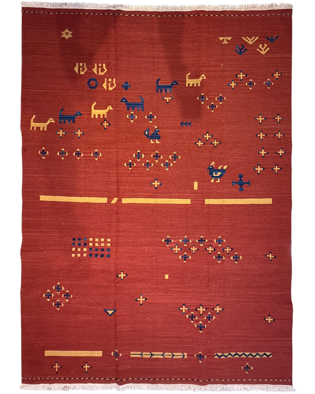 Tappeto Kilim rosso 220x160 cm con animali e simboli geometrici