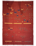 Tappeto Kilim rosso 220x160 cm con animali e simboli geometrici