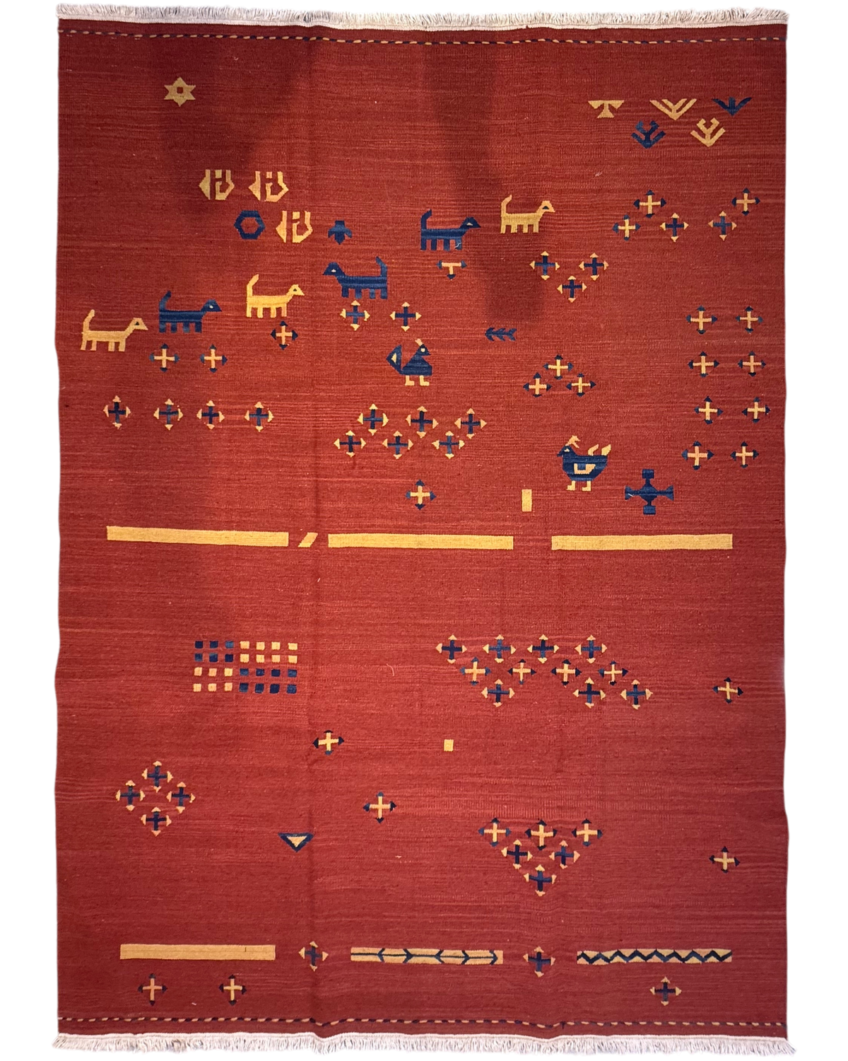 Tappeto Kilim rosso 220x160 cm con animali e simboli geometrici