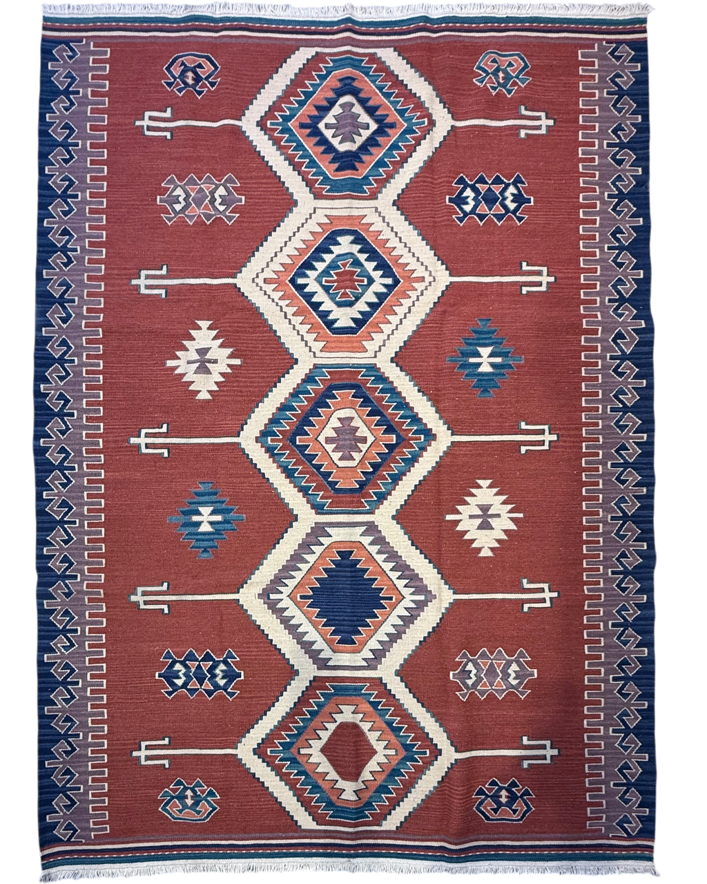 Tappeto Kilim rosso 220x160 cm con medaglioni romboidali