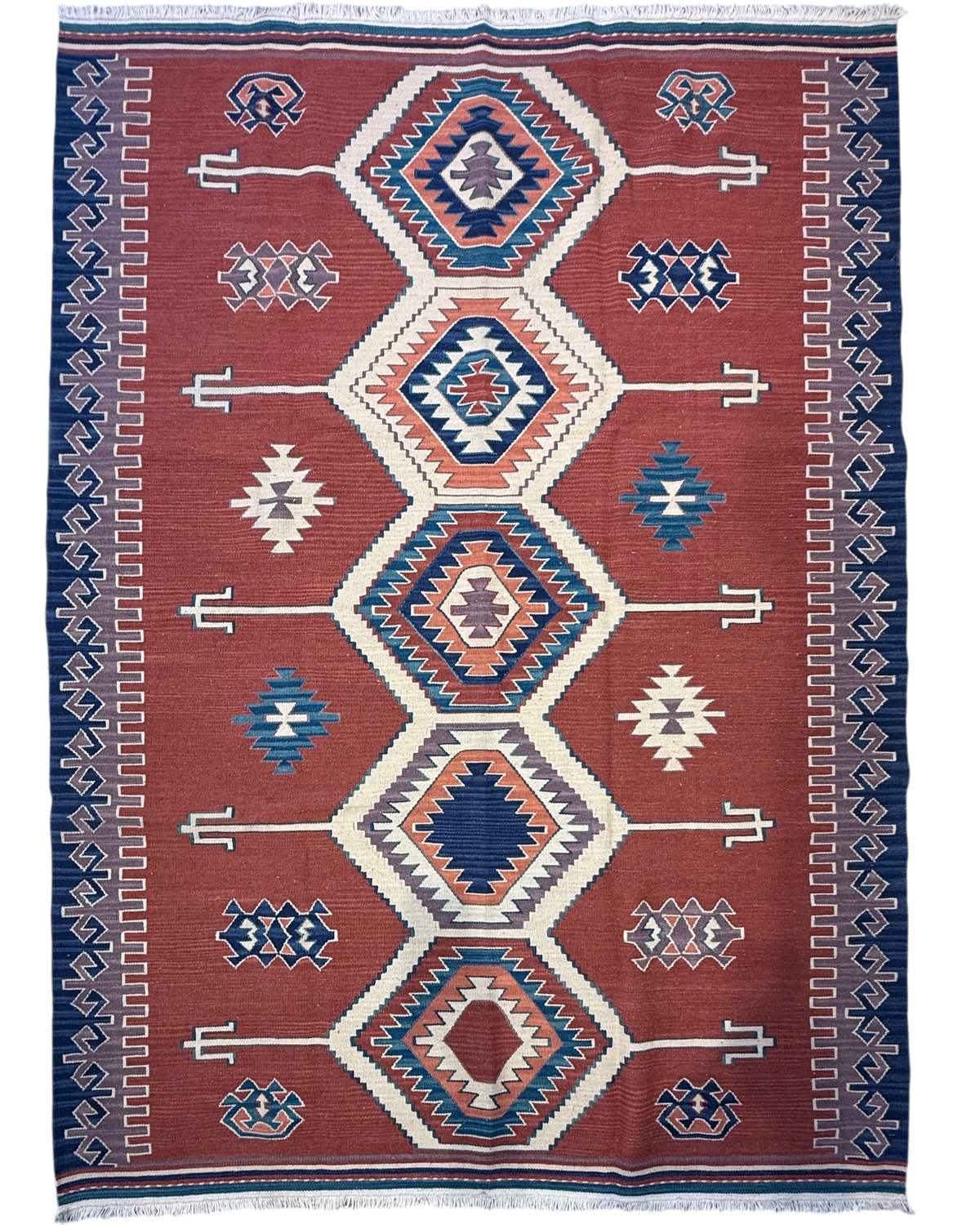 Tappeto Kilim rosso 220x160 cm con medaglioni romboidali