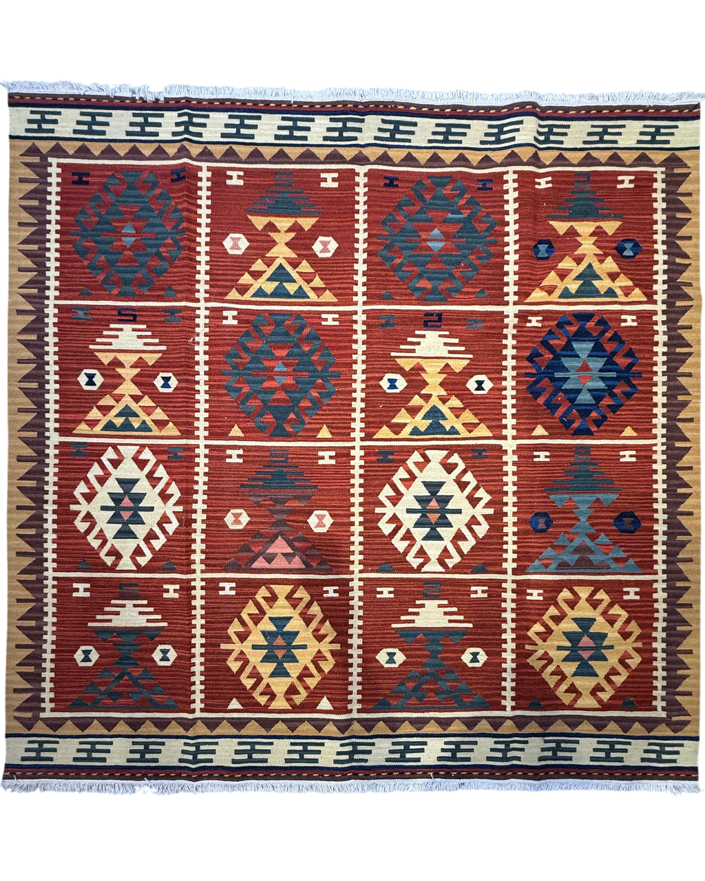 Tappeto Kilim rosso 185x185 cm con riquadri geometrici